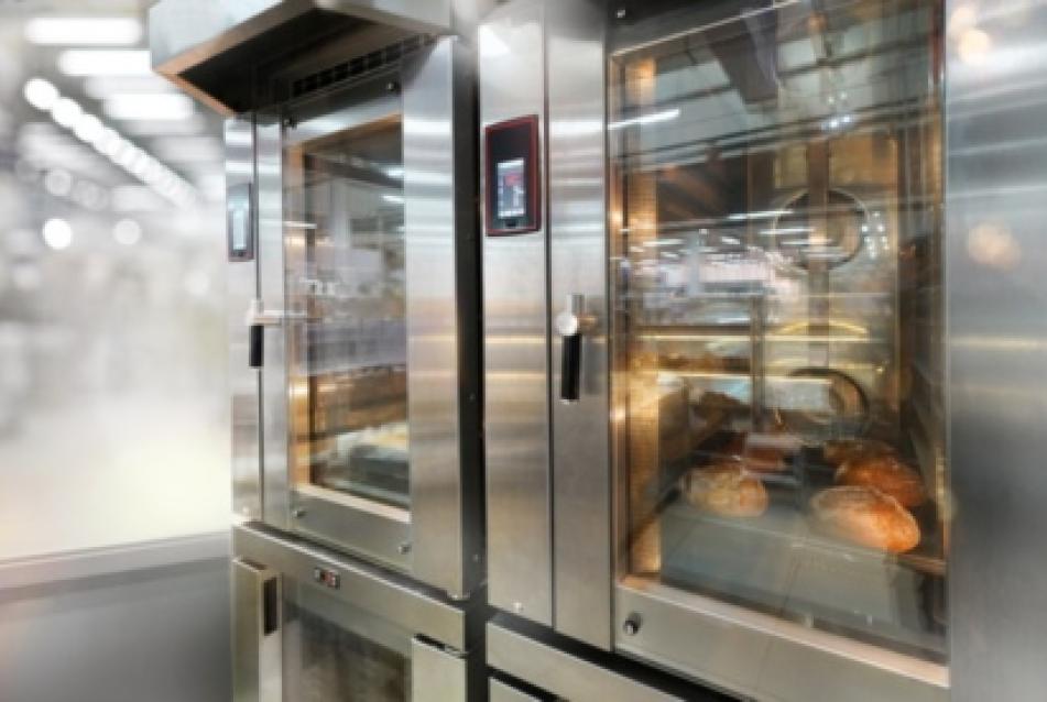 bread baking in industrial convection oven